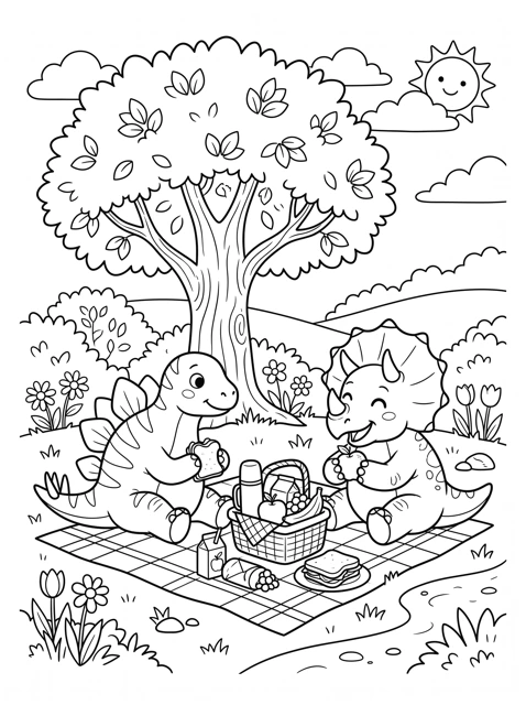 Printable coloring page of two dinosaurs having a picnic