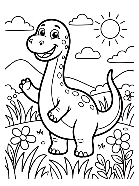 Printable coloring page of a friendly dinosaur in a field