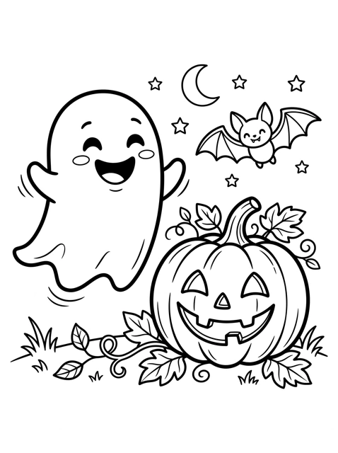Printable coloring page of a friendly ghost and a jack-o-lantern