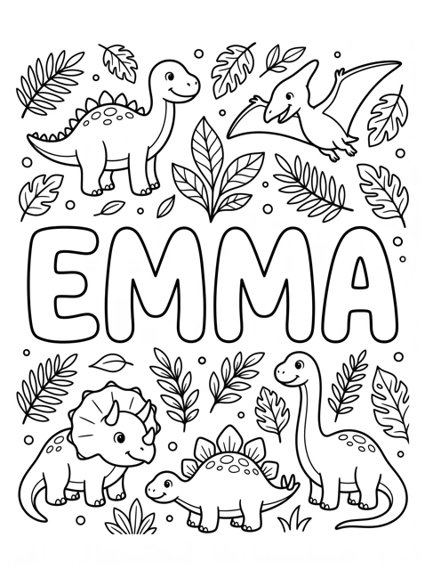 Printable coloring page with the name Emma in bubble letters and dinosaurs