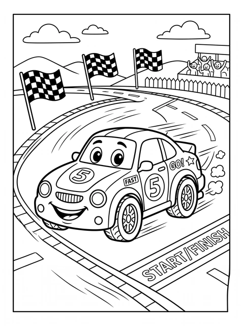 Coloring page of a race car passing chequered flags