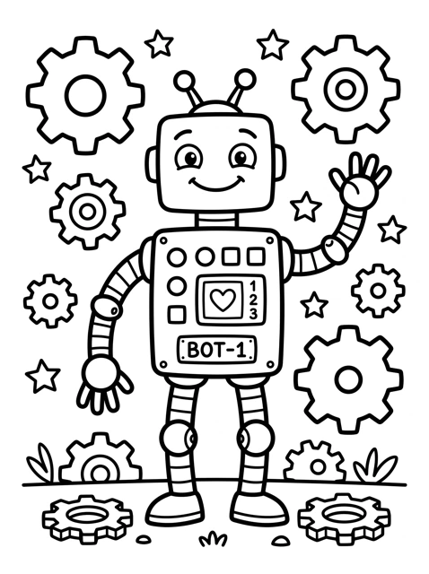 Coloring page of a waving robot among gears and stars