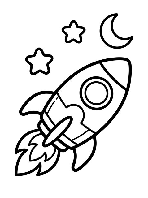 Printable coloring page of a rocket, stars and a crescent moon