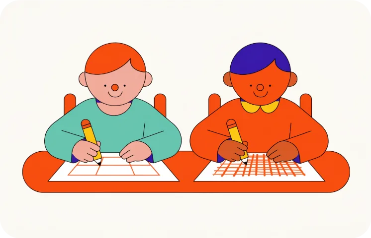שני ילדים יושבים ליד שולחן ופותרים דף מודפס