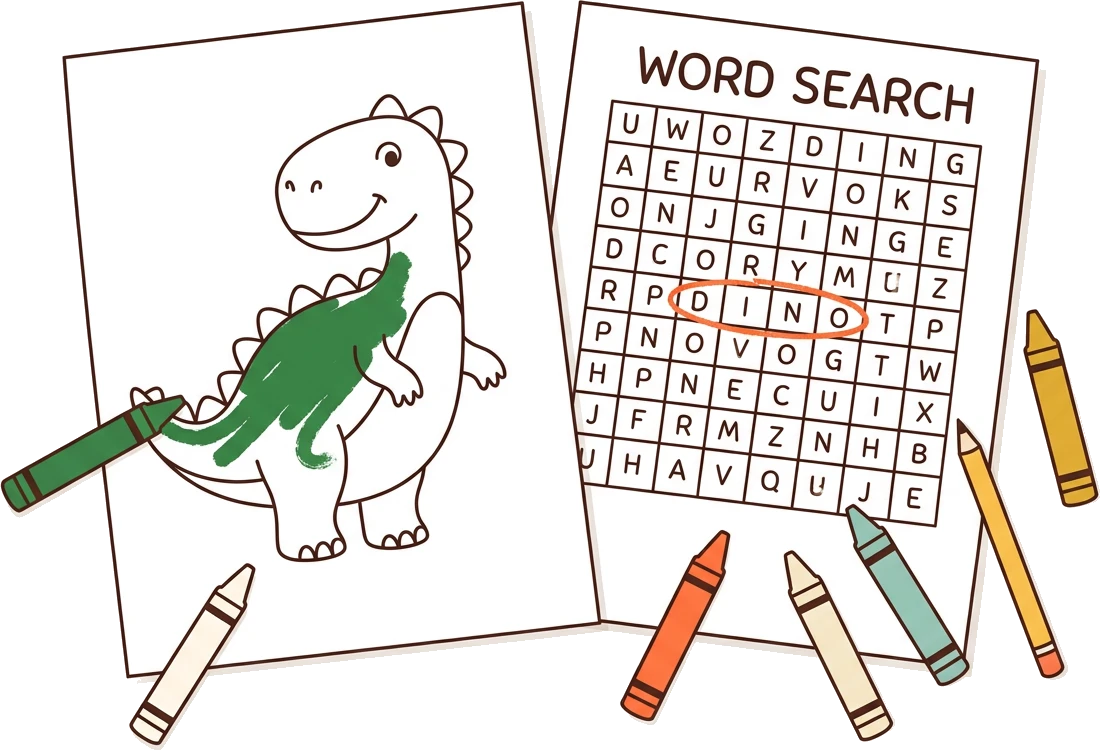 A printed word search sheet with DINO circled, beside a dinosaur coloring page and a scatter of crayons