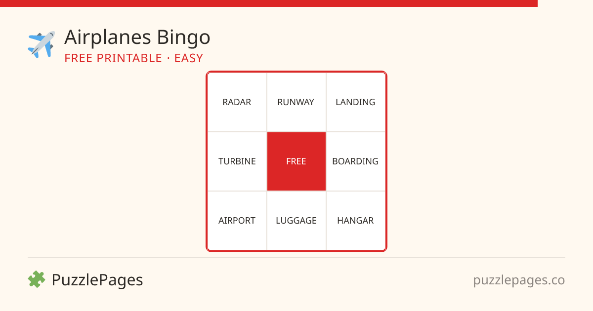 Airplanes Easy printable bingo preview — free to print from PuzzlePages