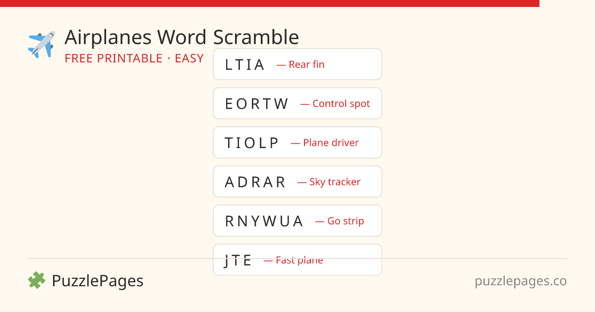 Airplanes Easy printable word scramble preview — free to print from PuzzlePages
