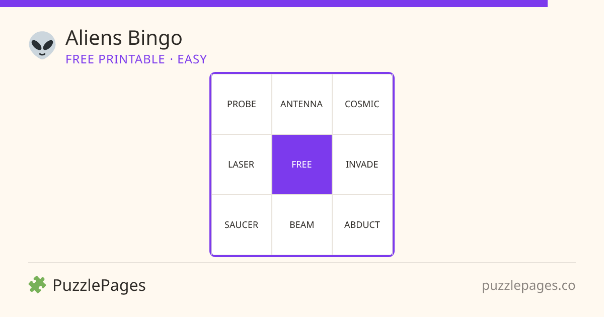 Aliens Easy printable bingo preview — free to print from PuzzlePages