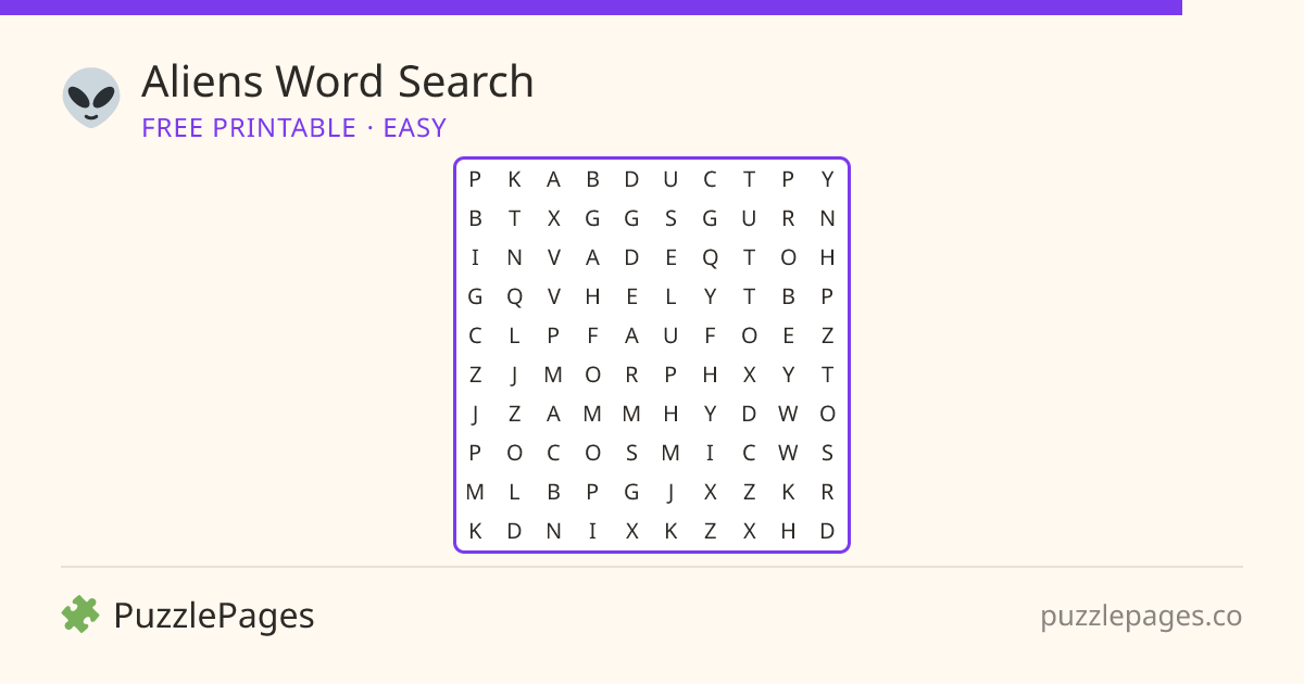 Aliens Easy printable word search preview — free to print from PuzzlePages