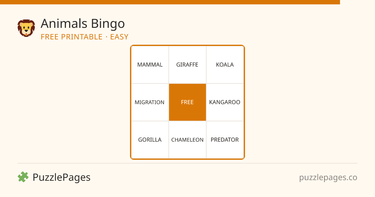 Animals Easy printable bingo preview — free to print from PuzzlePages