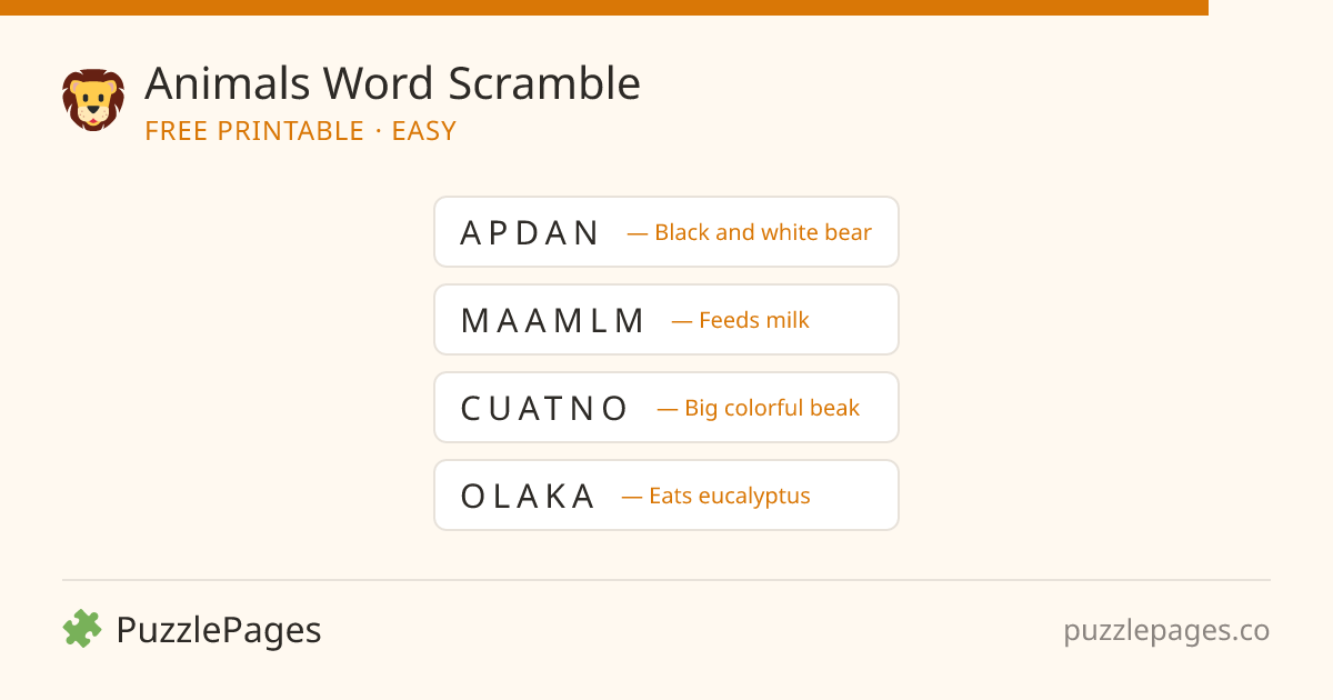 Animals Easy printable word scramble preview — free to print from PuzzlePages