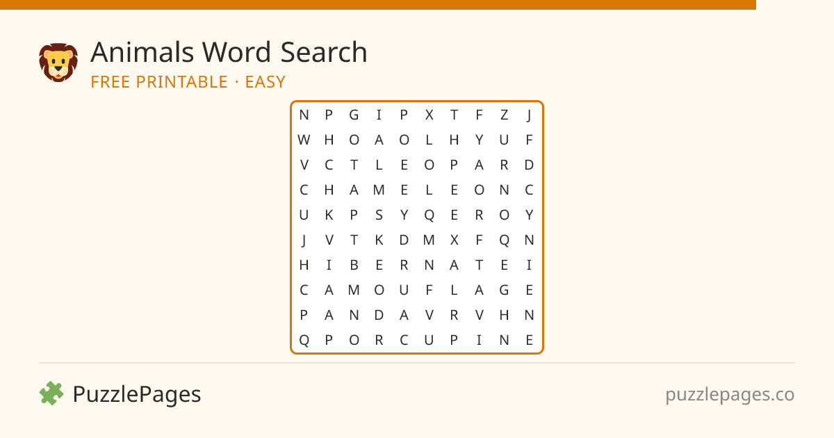 Animals Easy printable word search preview — free to print from PuzzlePages