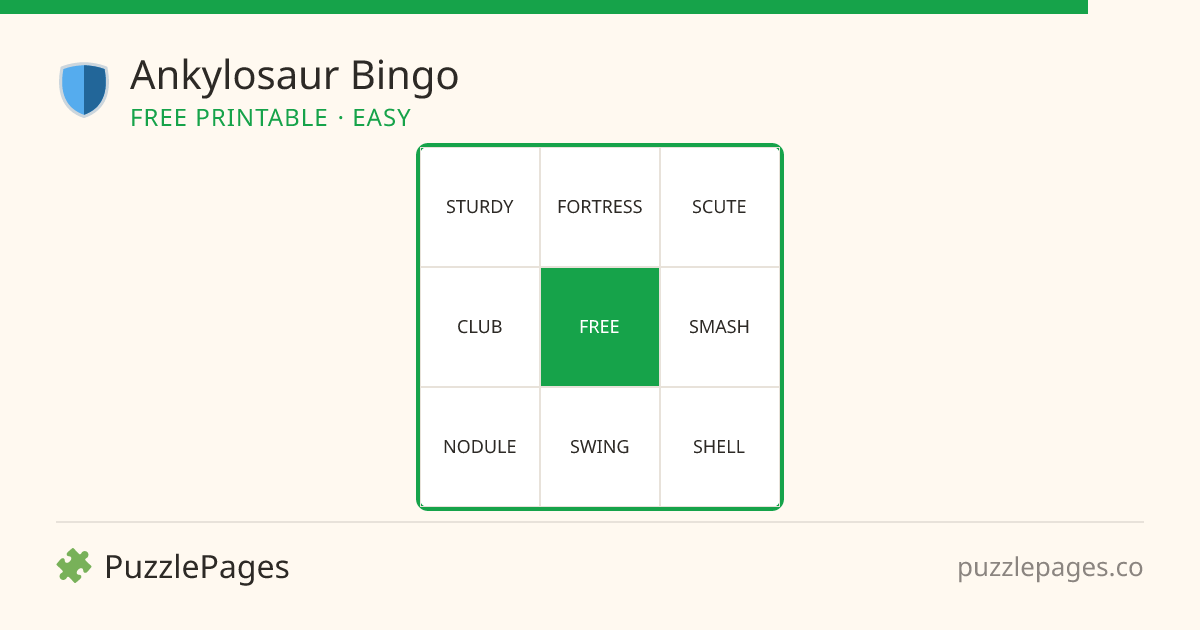 Ankylosaur Easy printable bingo preview — free to print from PuzzlePages