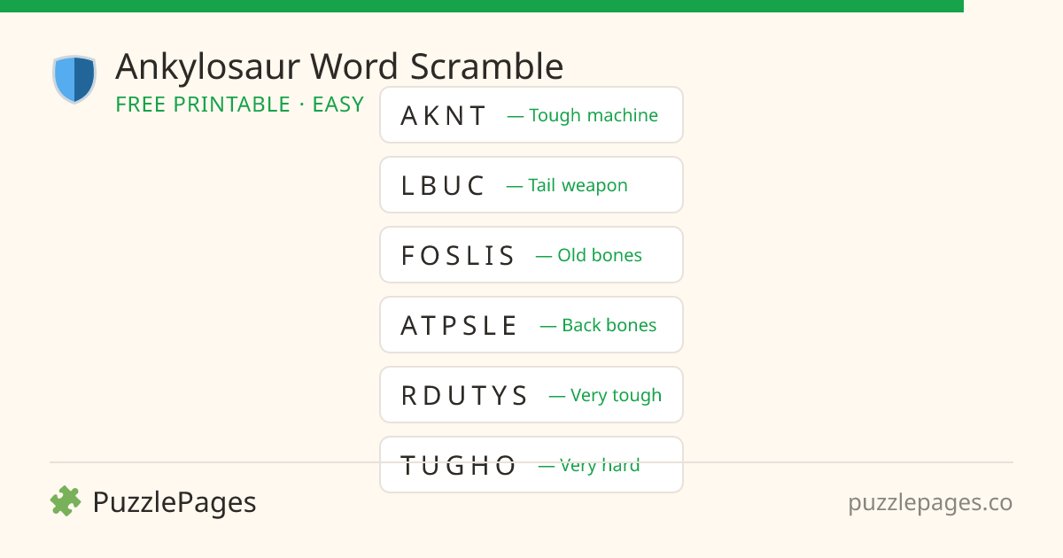 Ankylosaur Easy printable word scramble preview — free to print from PuzzlePages