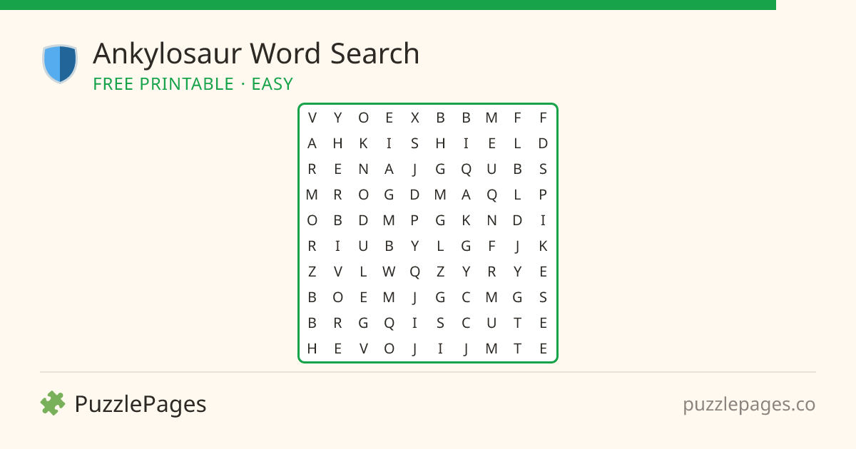 Ankylosaur Easy printable word search preview — free to print from PuzzlePages