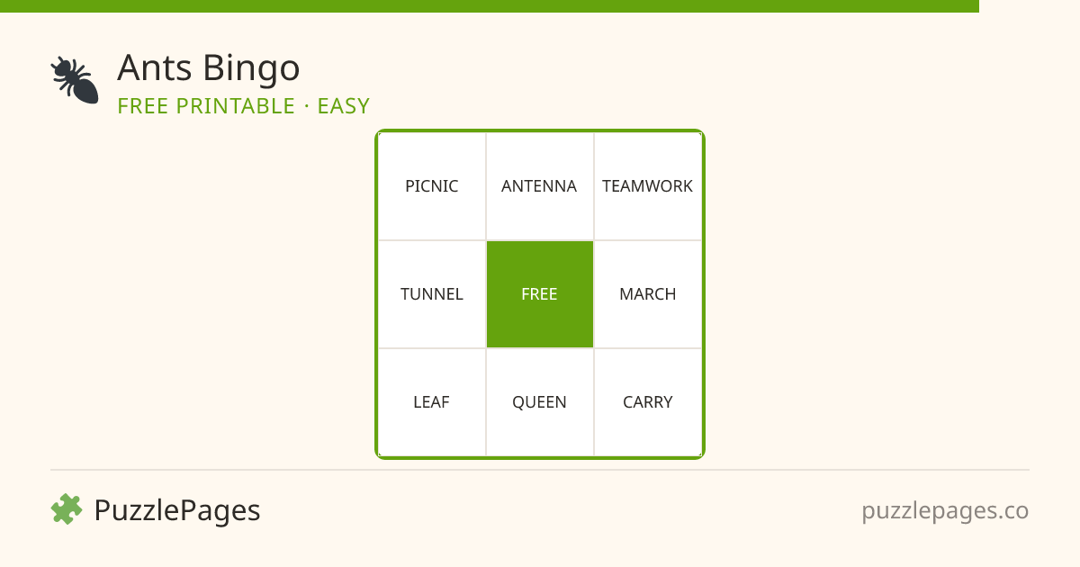 Ants Easy printable bingo preview — free to print from PuzzlePages