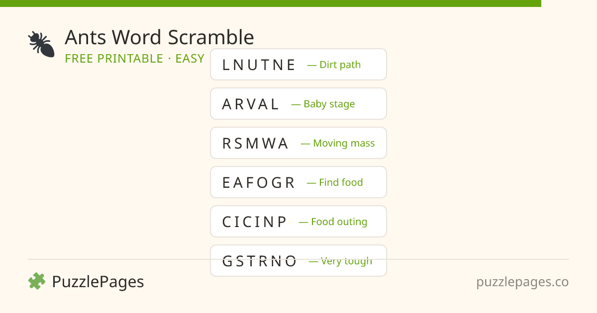 Ants Easy printable word scramble preview — free to print from PuzzlePages