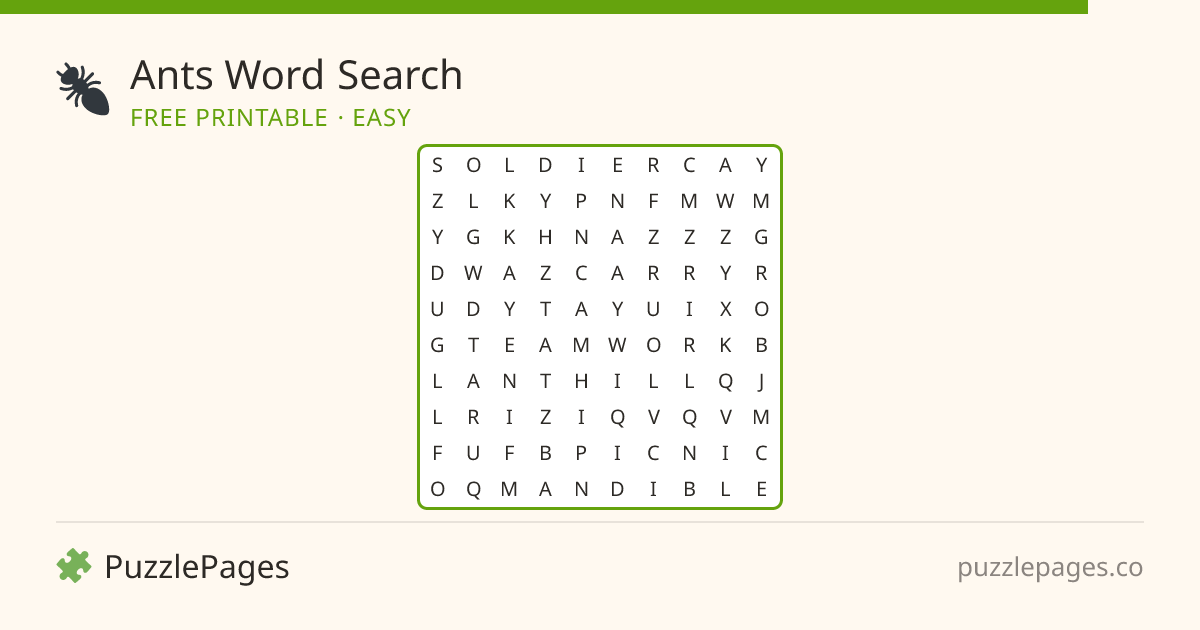 Ants Easy printable word search preview — free to print from PuzzlePages