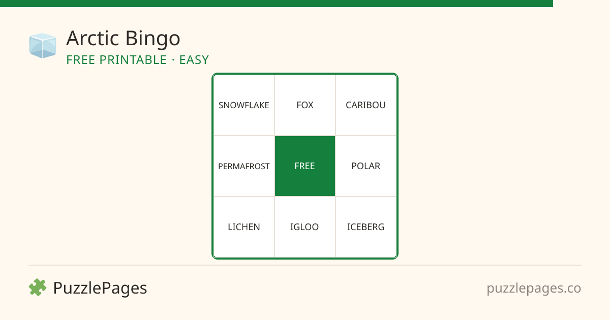 Arctic Easy printable bingo preview — free to print from PuzzlePages