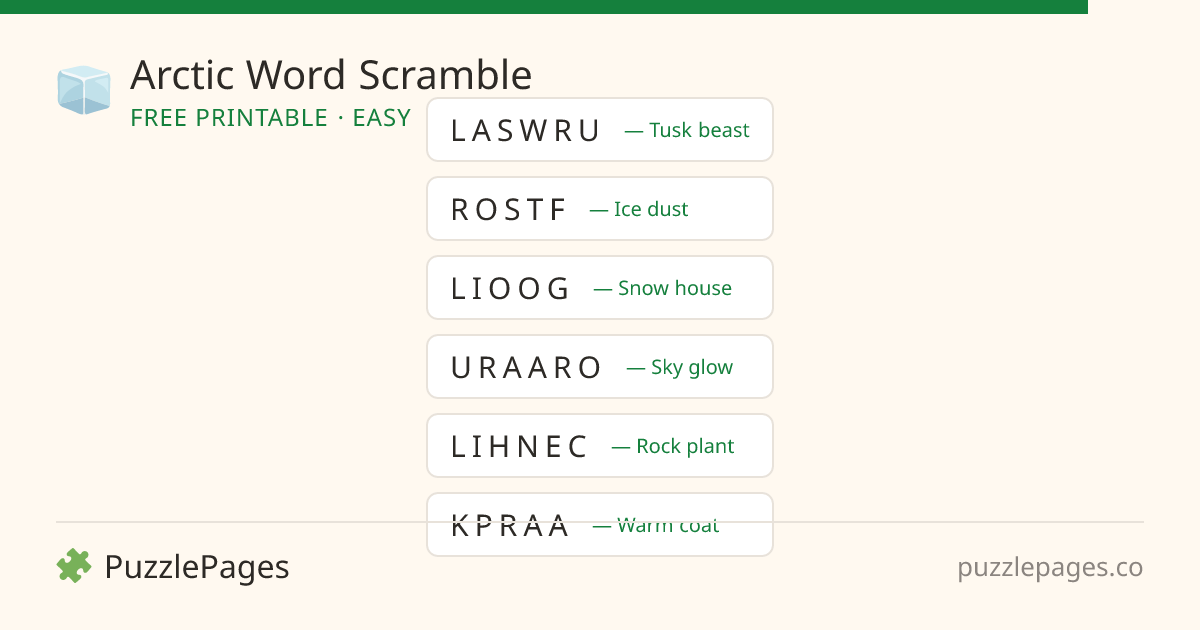 Arctic Easy printable word scramble preview — free to print from PuzzlePages