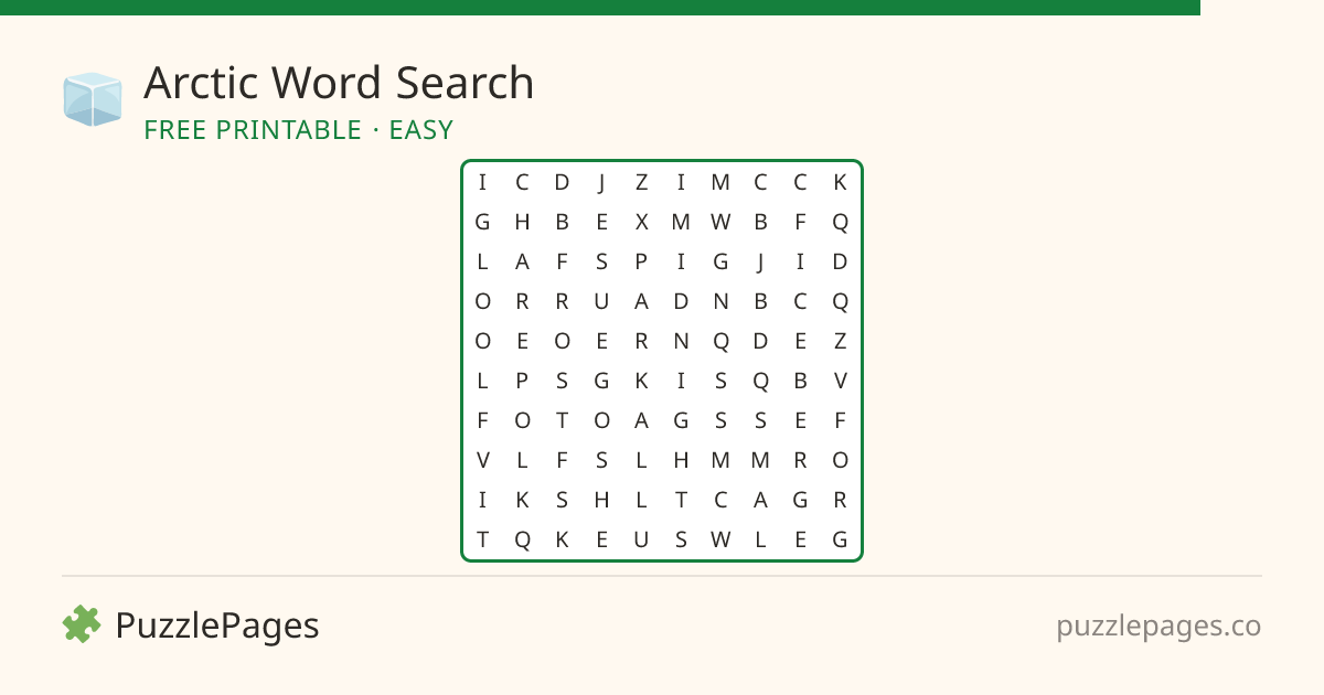 Arctic Easy printable word search preview — free to print from PuzzlePages