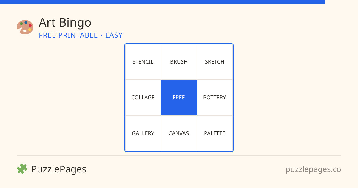 Art Easy printable bingo preview — free to print from PuzzlePages