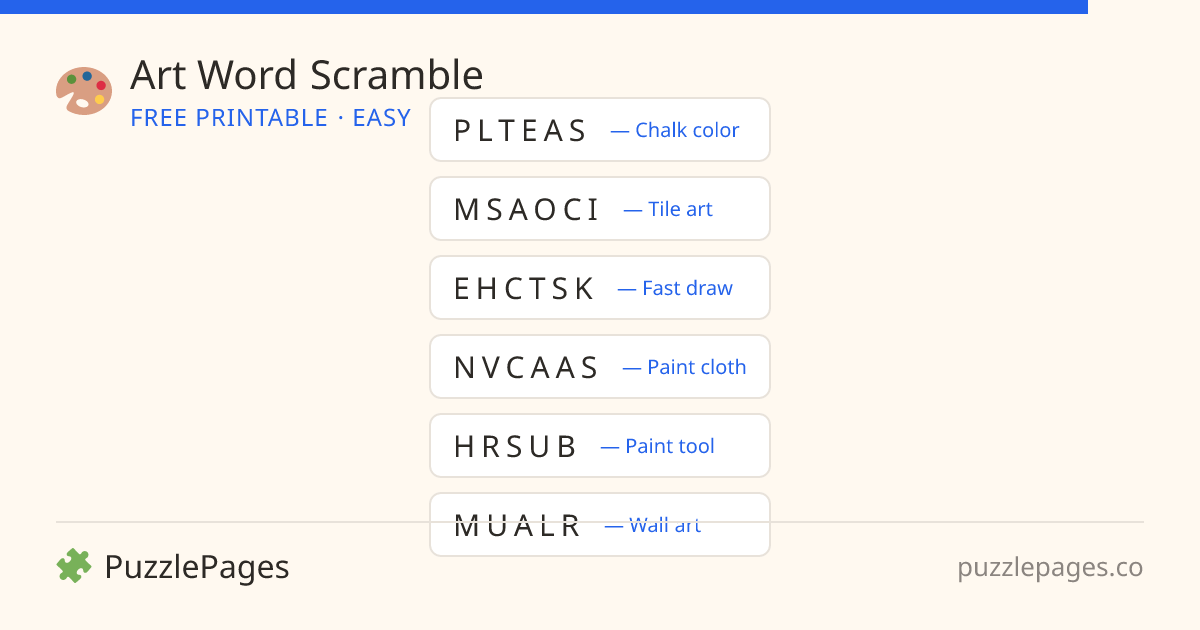 Art Easy printable word scramble preview — free to print from PuzzlePages