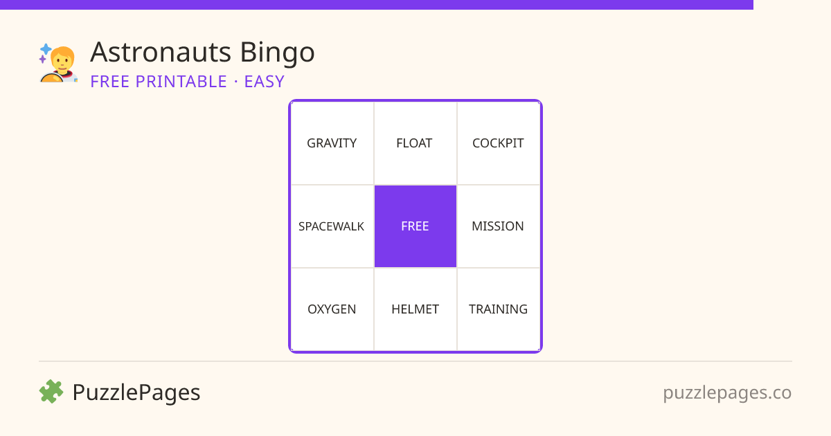 Astronauts Easy printable bingo preview — free to print from PuzzlePages