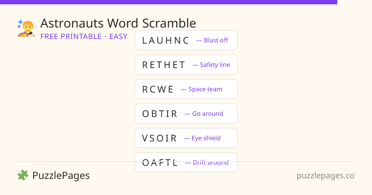 Astronauts Easy printable word scramble preview — free to print from PuzzlePages
