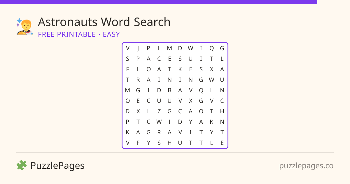 Astronauts Easy printable word search preview — free to print from PuzzlePages