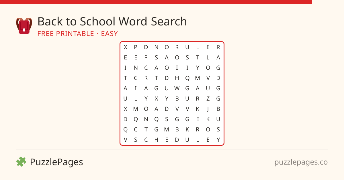 Back to School Easy printable word search preview — free to print from PuzzlePages
