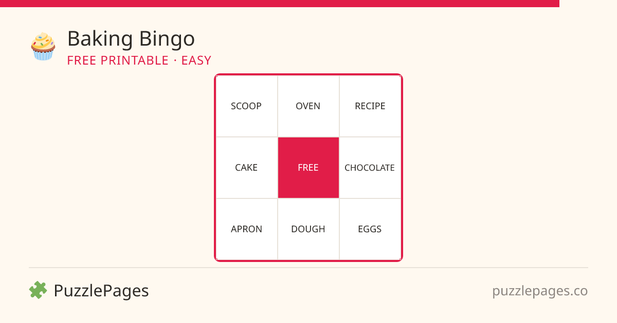 Baking Easy printable bingo preview — free to print from PuzzlePages