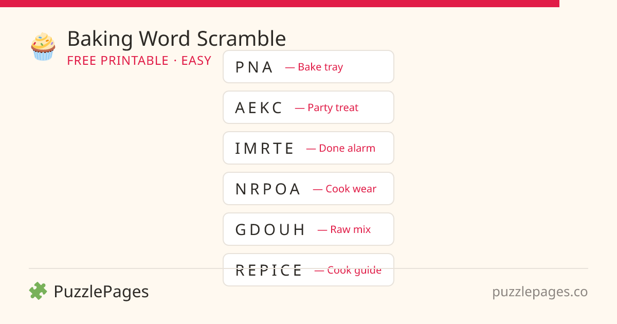 Baking Easy printable word scramble preview — free to print from PuzzlePages
