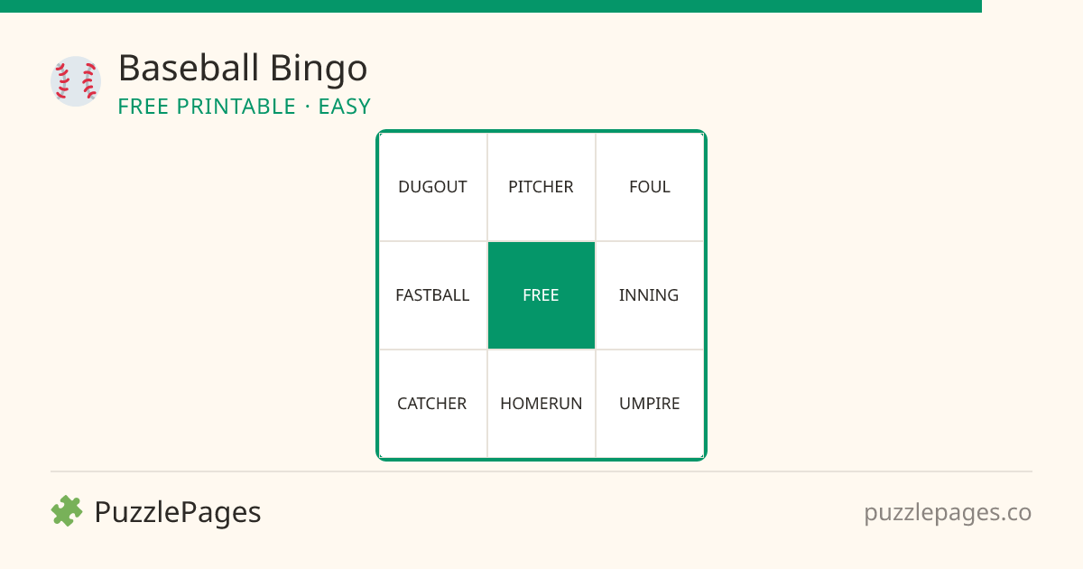 Baseball Easy printable bingo preview — free to print from PuzzlePages