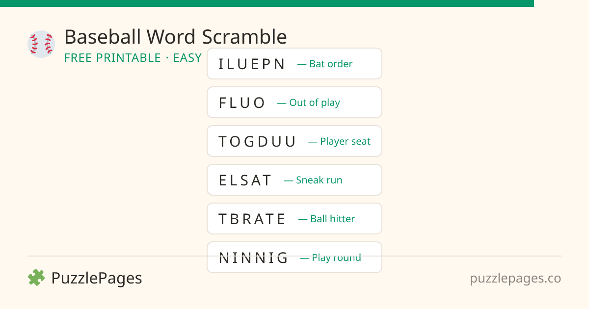 Baseball Easy printable word scramble preview — free to print from PuzzlePages