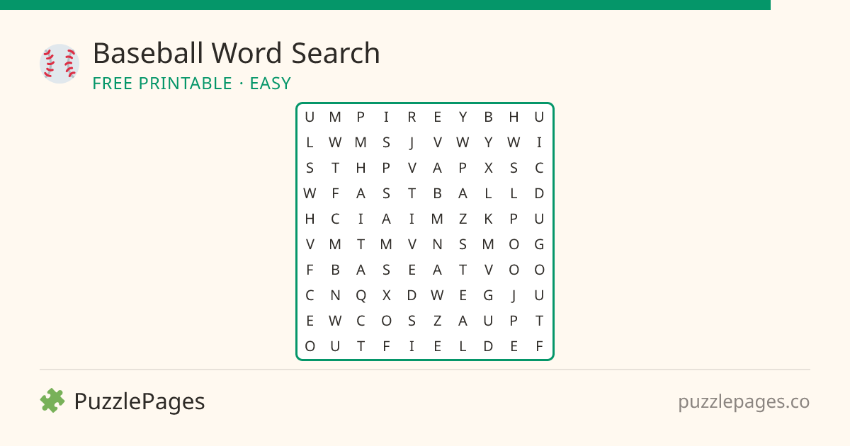 Baseball Easy printable word search preview — free to print from PuzzlePages