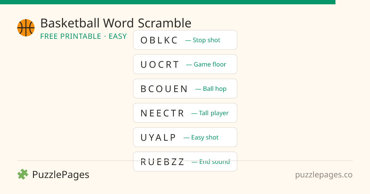 Basketball Easy printable word scramble preview — free to print from PuzzlePages