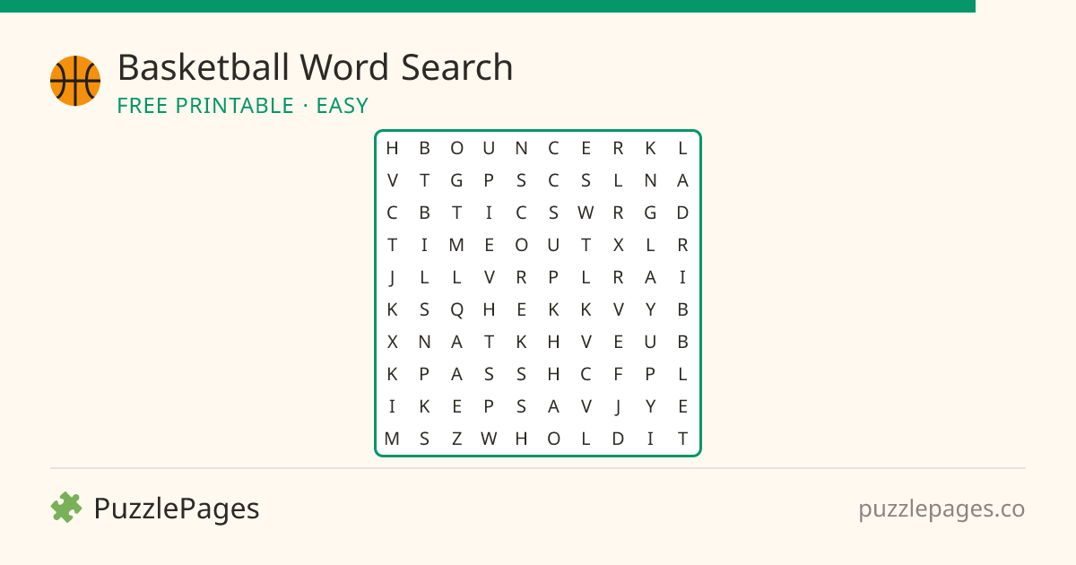 Basketball Easy printable word search preview — free to print from PuzzlePages