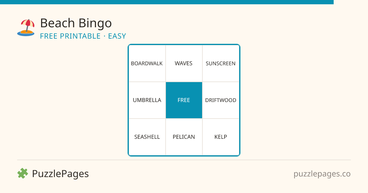 Beach Easy printable bingo preview — free to print from PuzzlePages