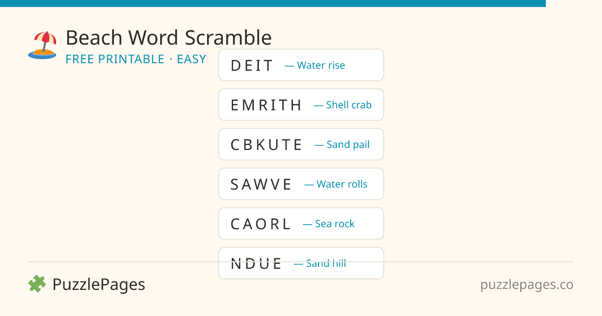 Beach Easy printable word scramble preview — free to print from PuzzlePages