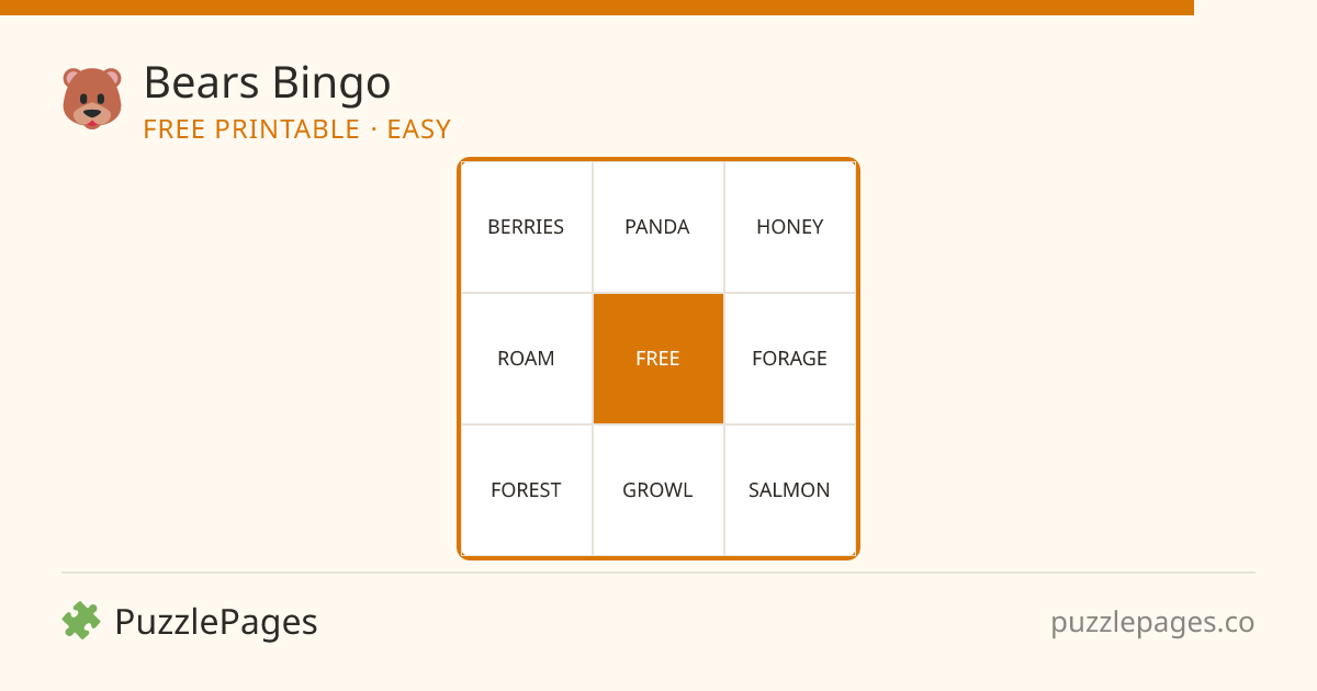 Bears Easy printable bingo preview — free to print from PuzzlePages