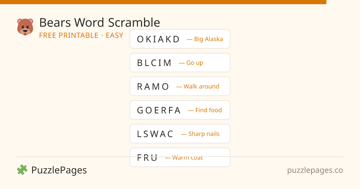 Bears Easy printable word scramble preview — free to print from PuzzlePages