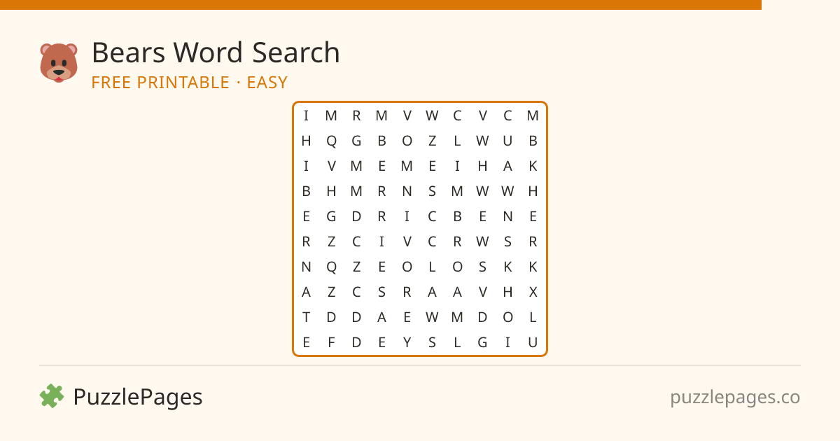 Bears Easy printable word search preview — free to print from PuzzlePages