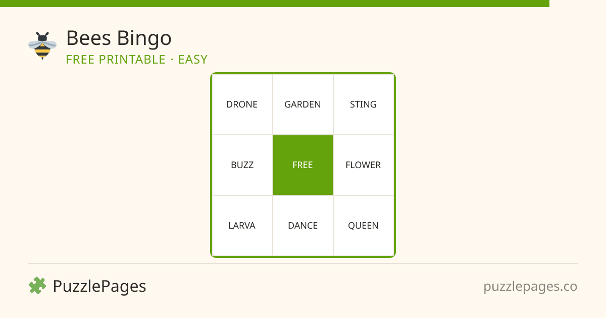 Bees Easy printable bingo preview — free to print from PuzzlePages