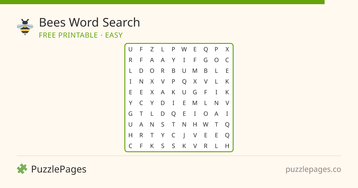 Bees Easy printable word search preview — free to print from PuzzlePages