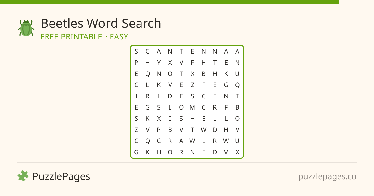 Beetles Easy printable word search preview — free to print from PuzzlePages