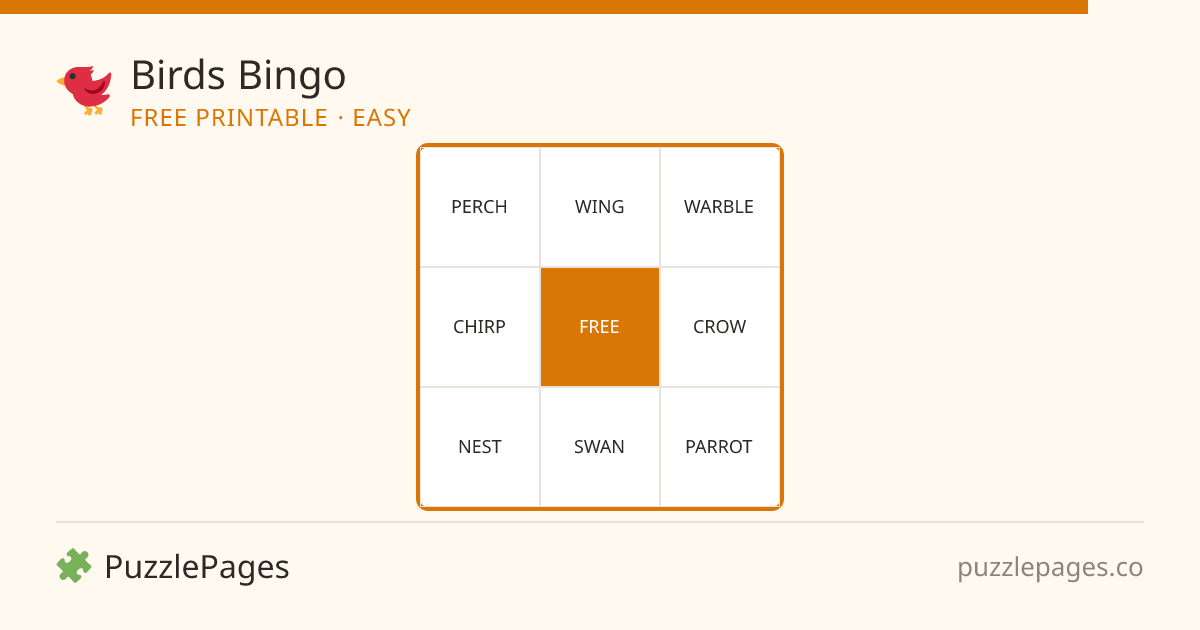 Birds Easy printable bingo preview — free to print from PuzzlePages