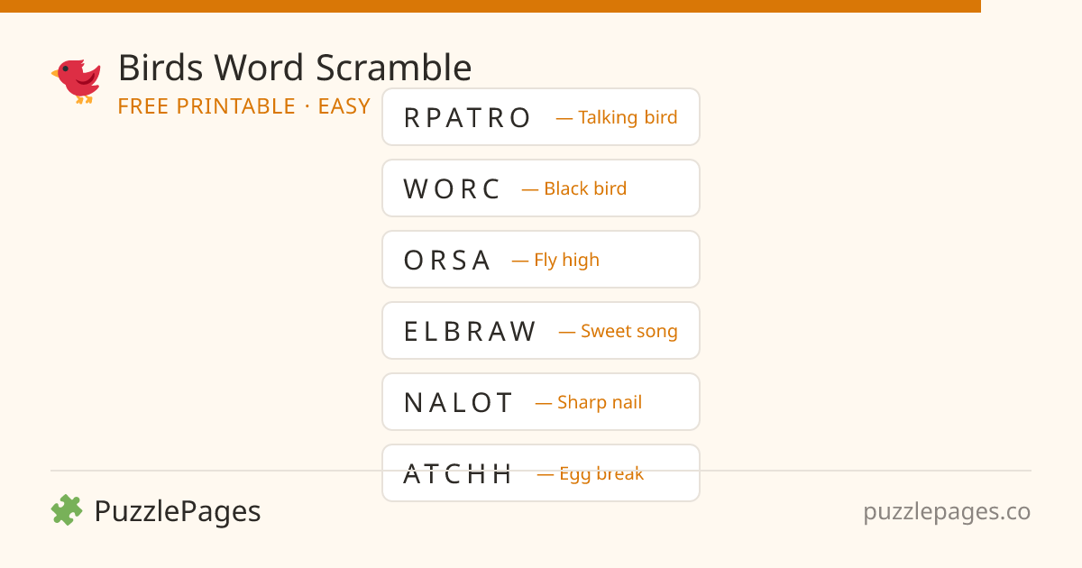Birds Easy printable word scramble preview — free to print from PuzzlePages