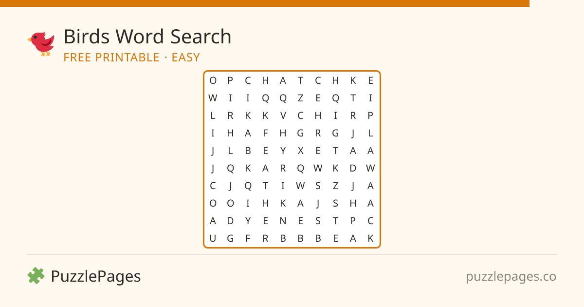 Birds Easy printable word search preview — free to print from PuzzlePages