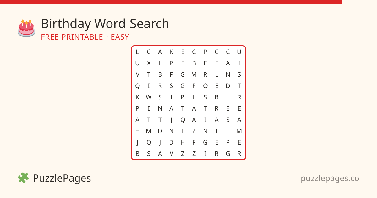 Birthday Easy printable word search preview — free to print from PuzzlePages